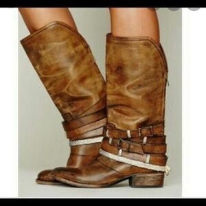 Freebird by Steven Drove Tan Leather 4 Buckle Strap Mid-Calf Zip Boots - Size 8